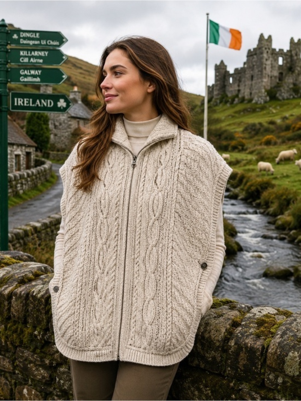 Vtg Irish Wool Cape Poncho Sweater Vest Cream Cable Knit Zip Front Ireland S/M